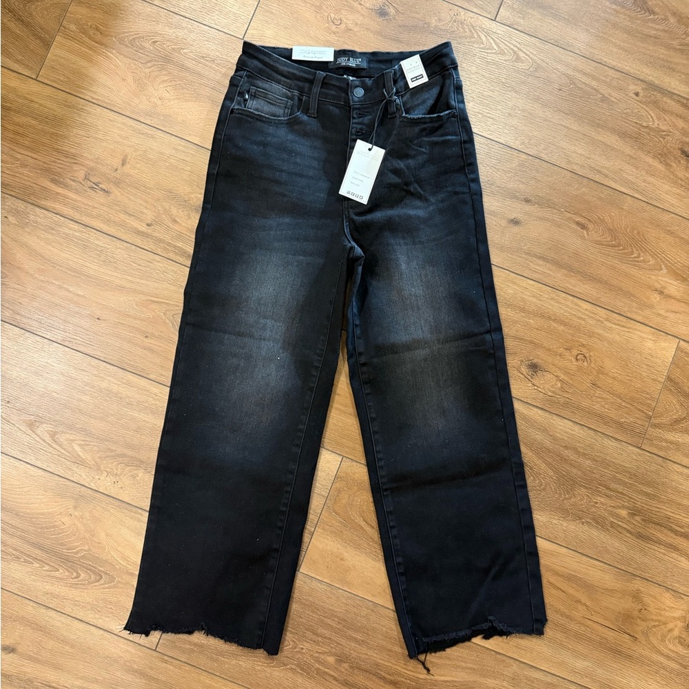 Judy Blue Black High-Rise Wide Leg Jeans with Frayed Hem